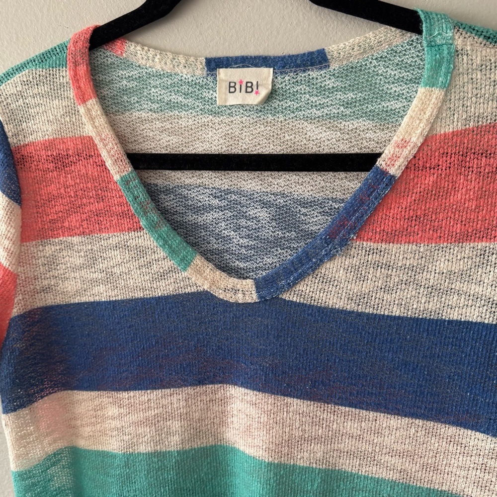 BiBi open knit v neck striped short sleeve top - Picture 3 of 14